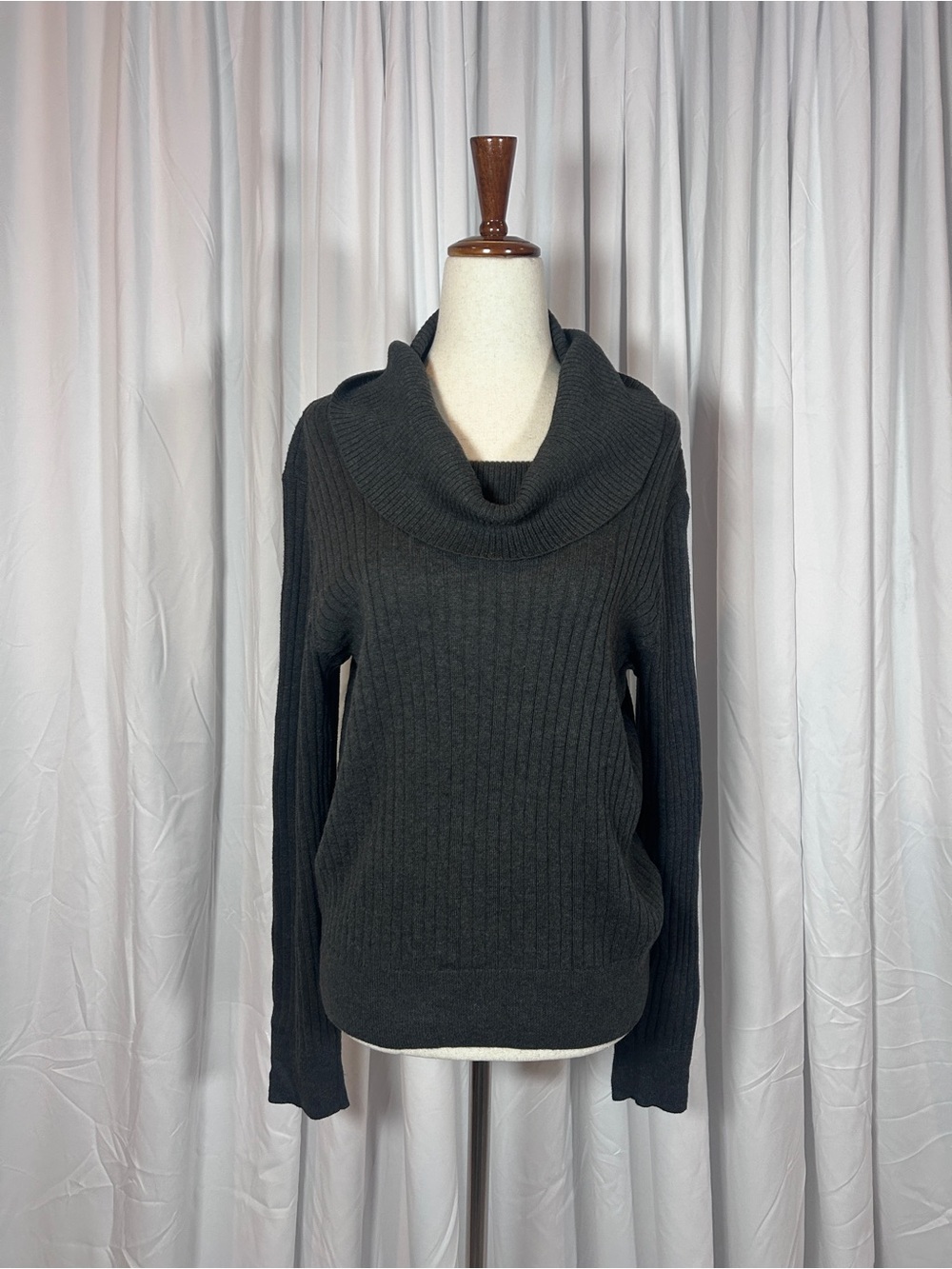 Jeanne Pierre 100% Cotton Ribbed Cowl Neck Sweater – Dark Gray / Charcoal